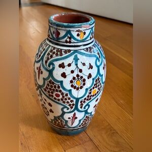 9” tall ceramic hand painted glazed vase , beige background with green brown